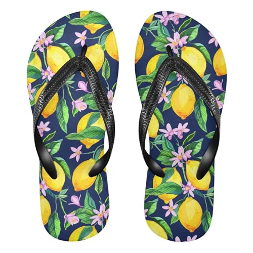 Lemon Blossom Leaves Blue Flip Flops for Beach Thong Sandals Anti-slip Lightweight Beach Shoes for Summer Travel Swim