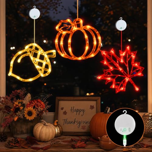 LOLStar Acorn Maple Leaves Pumpkin Thanksgiving Lights 3 Pack Rechargeable