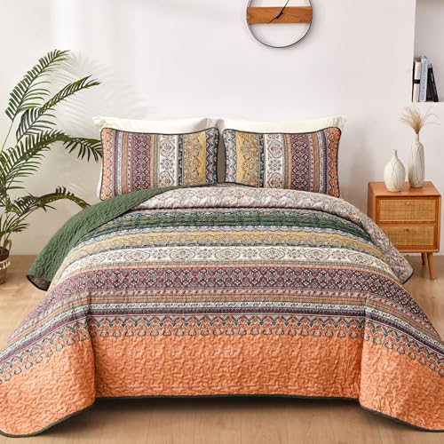 WONGS BEDDING Juego de edredón bohemio tamaño Queen, juego de ropa de cama bohemio verde y naranja, colcha ligera de verano para todas las estaciones, juego de ropa de cama reversible de microfibra,