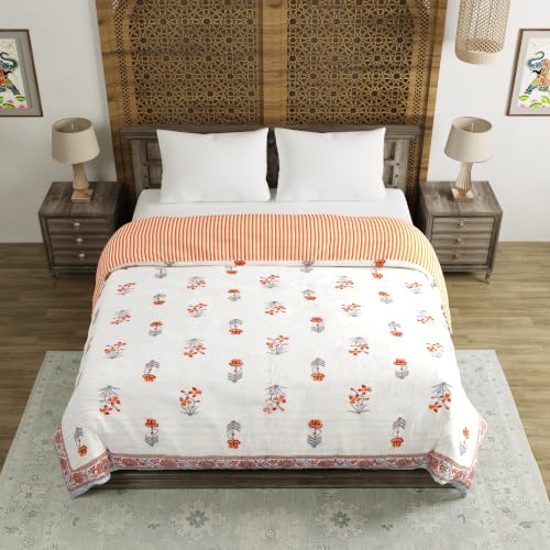 Image of BLOCKS OF INDIA Hand Block Printed Cotton King Size Quilt /Rajai | Grey Orange FLR