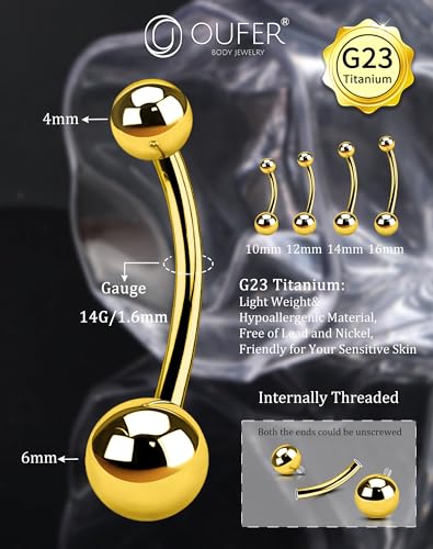 OUFER Titanium Belly Button Rings, Gold Belly Rings, Internally Threaded Navel Piercing Jewelry, Long Belly Piercing Jewelry, Curved Barbell, Belly Rings For Women Men4