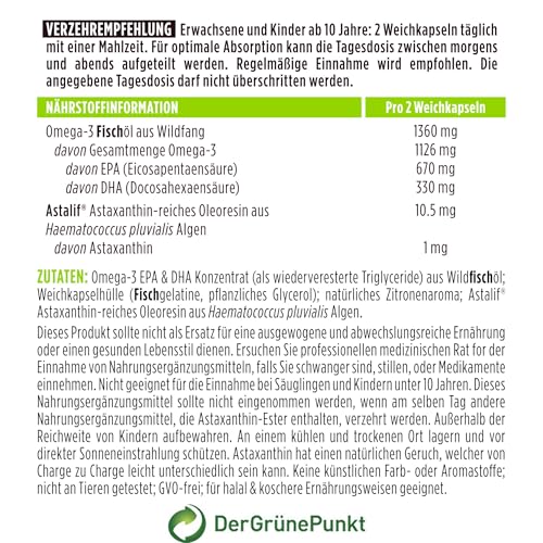Igennus Hochwertigstes Omega-3 Wildfischöl & Astaxanthin, Triglyceridform rTG, 1360mg, EPA 670 mg & DHA 330mg Omega-3 Fettsäuren, ultra rein; frei von Umweltgiften, Zitronengeschmack, 180 Weichkapseln