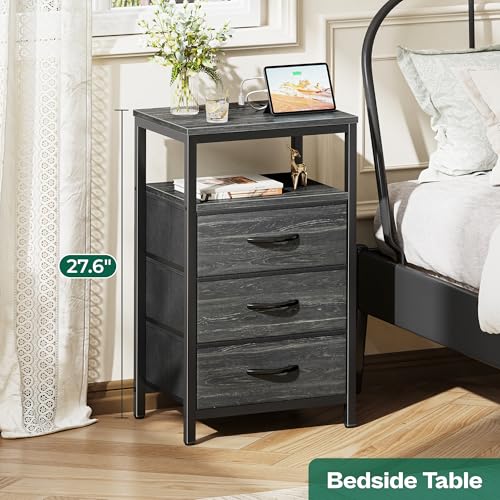 Image of Huuger Nightstand with Charging Station, 27.6 Inch Side Table with Fabric Drawers, End Table Bedside Table with USB Ports and Outlets, Night Stand for Bedroom, Charcoal Black Wood Grain Print