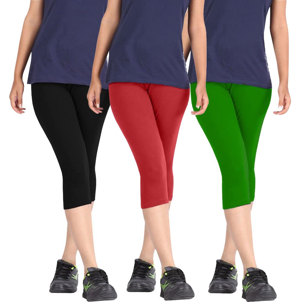 pixie fashion Biowashed Cotton Stretchable Capri Legging Combo Pack of 3 for Women/Girls/Ladies (Black, Red and Green) - Free Size-picture-49