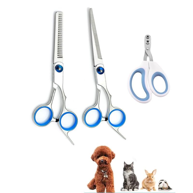 3pcs Dog Grooming Scissors Set with Safety Round Tips Stainless Steel Pet Grooming Kit Used for Dogs Cats Pets with Cutting Scissors, Thinning Shear, Nail Clipper