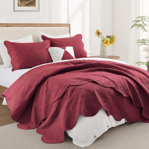 IR Imperial Rooms Twin Quilt Bedding Set Size (68” x 86”) + 1 Pillow Shams (20” x 26” + 2”) - 2 Pcs All Season Lightweight Reversible Microfiber Coverlet Floral Embossed Quilt Bedspread (Burgundy)