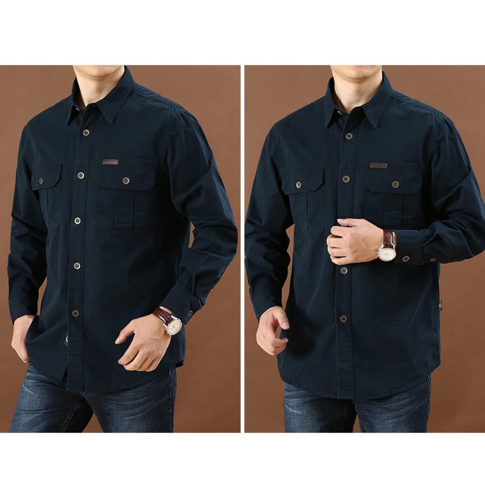 Camisas de Trabajo de Algodón para Hombre, Camisa de Militar de Manga Larga con Botones Ropa Cargo, 2 Bolsillos, Regular Fit para Pesca, Tala, Senderismo, Caza