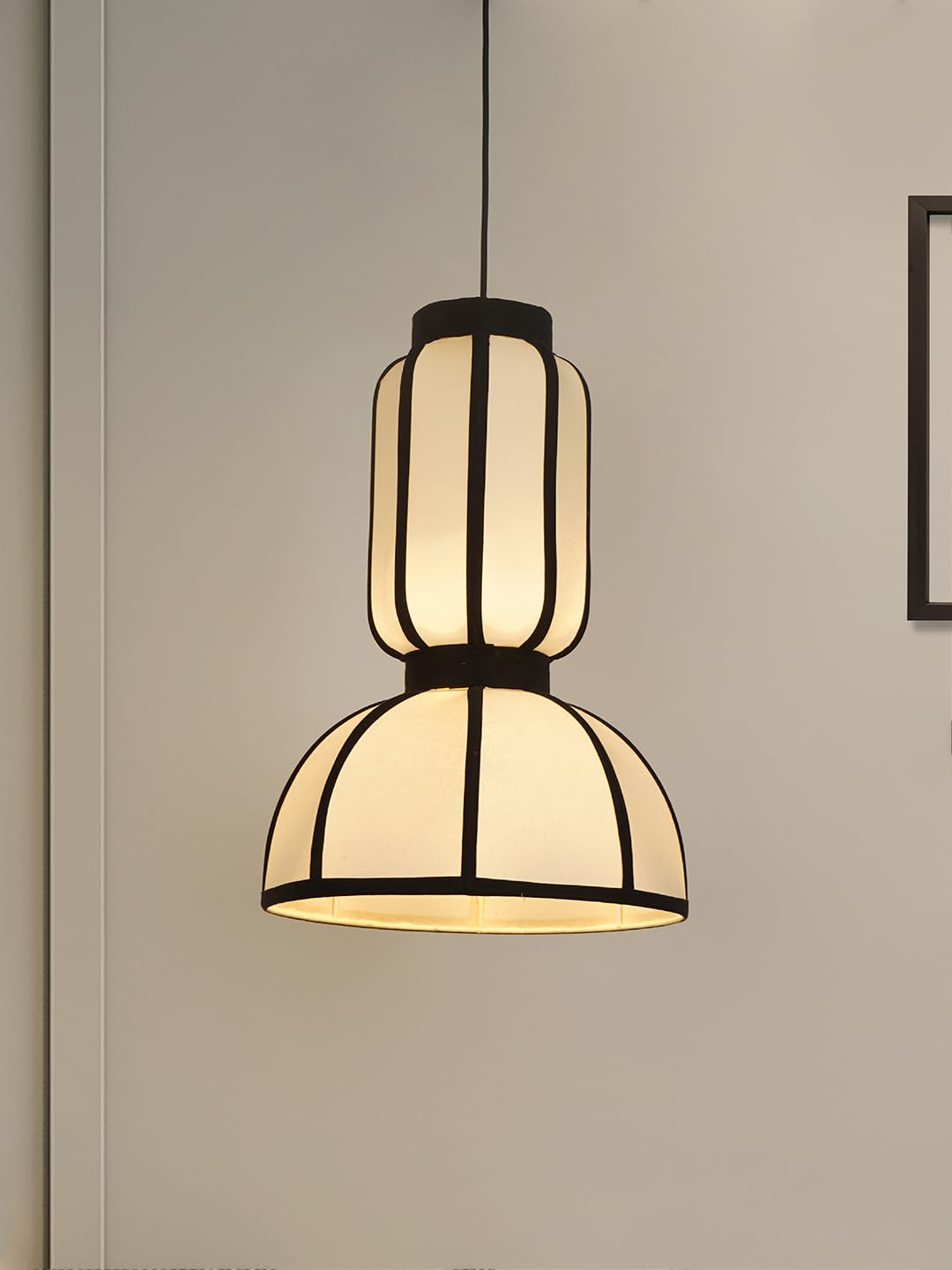 Fos Lighting 18-Inch Japandi Capsule Fabric Pendant | Zen Asian Style Two-Tier White Lantern with Black Ribbing-image-23