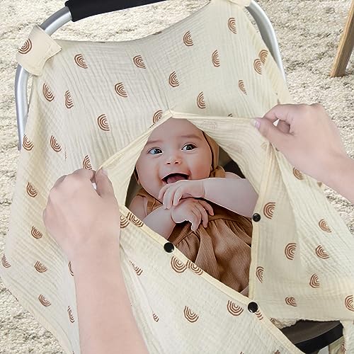Image of Organic Cotton Muslin Baby Car Seat Cover, Multi Use for Nursing Cover,Breathable Carseat Canopy for Boys Girls (Rainbow)