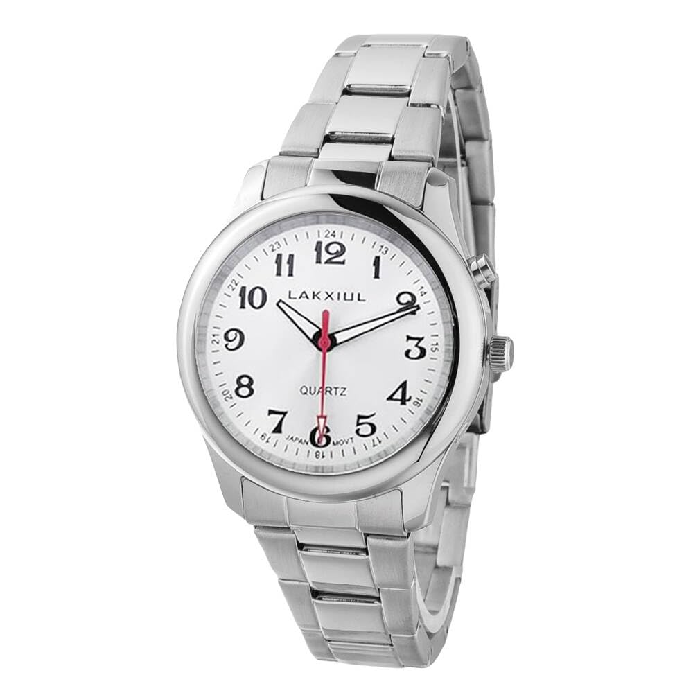 Englilsh - Reloj parlante, caja de acero inoxidable plateado, cinturón de acero inoxidable plateado, impermeabilización doméstica