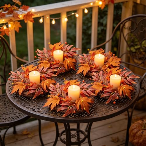 Image of 6 Pcs Mini Fall Wreaths Thanksgiving Table Centerpieces Fall Candle Rings 9 Inch Maple Leaf Wreaths for Cabinets Farmhouse Autumn Wreath for Front Door Porch Wall Window Decorations