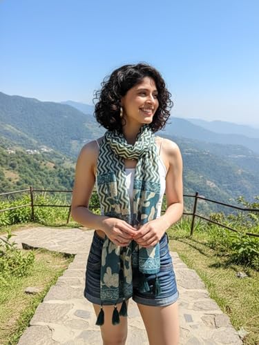 Image of KE KANHA EXPORTS Scarf for Women Premium Cotton Boho | Dual Tone Border Print Stole with Tassels | Lightweight Summer Beach Wrap 180 x 50 cm FREE Scrunchie Included