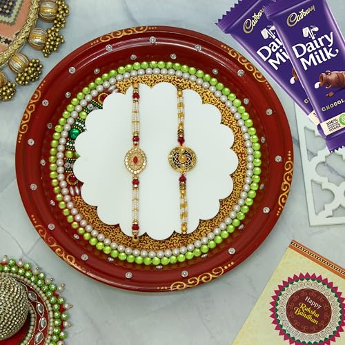 Image of Canton Rakhii Gift for Brother with Chocolate - Designer Rakhi for Brother with Chocolate Gift Hamper Pack, Roli Kumkum & Greeting Card (Design-5, 2 Rakhi + Cadbury)