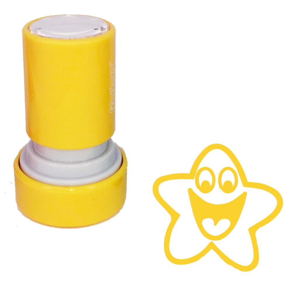 Classroom Capers Yellow Smiley Star Teacher Stamp. Self-Inking, 22Mm, Reinkable, Quality Stamper For Marking And Praise. Ink