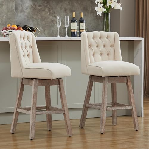 Image of 28.5 inch Swivel Bar Stools Set of 2, Counter Height Barstools with Back, Linen Fabric Upholstered Bar Stools, Modern Barstools Wood Legs for Kitchen Island Dining Room Bar