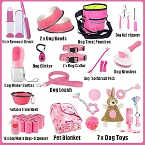 Puppy Supplies Starter Kit – 39-Piece Set of Puppy Essentials and Dog Stuff.includes Dog leash, Toys, Bowl, Brushes,and More.Perfect Welcome Home present for Your New Puppies-Pink
