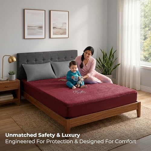 Image of Mattress Protector Single Bed (78x36 inch)| 100% Waterproof Mattress Cover for Single Bed |Dustproof Soft Terry Cotton, Hypoallergenic & Breathable Fitted Elastic Mattress Cover- Maroon
