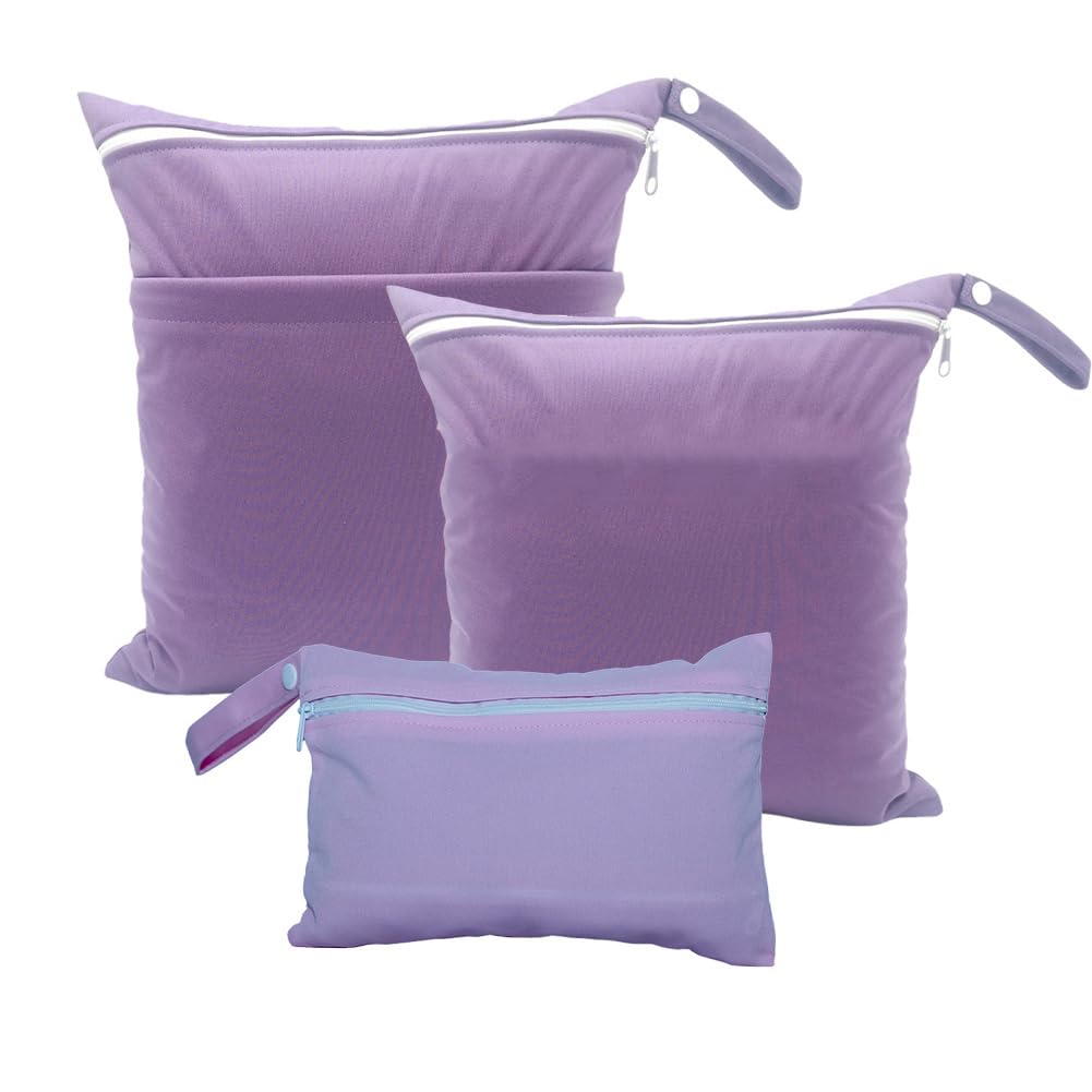 Hixingo 3 Packs Wet Bag, Reusable Washable Nappy Stuff Sack, Portable Waterproof Wet Dry Organizer Bag Sack with Zipper Pockets, for Clothes, Swimming, Travel, Beach (Purple,3pcs)