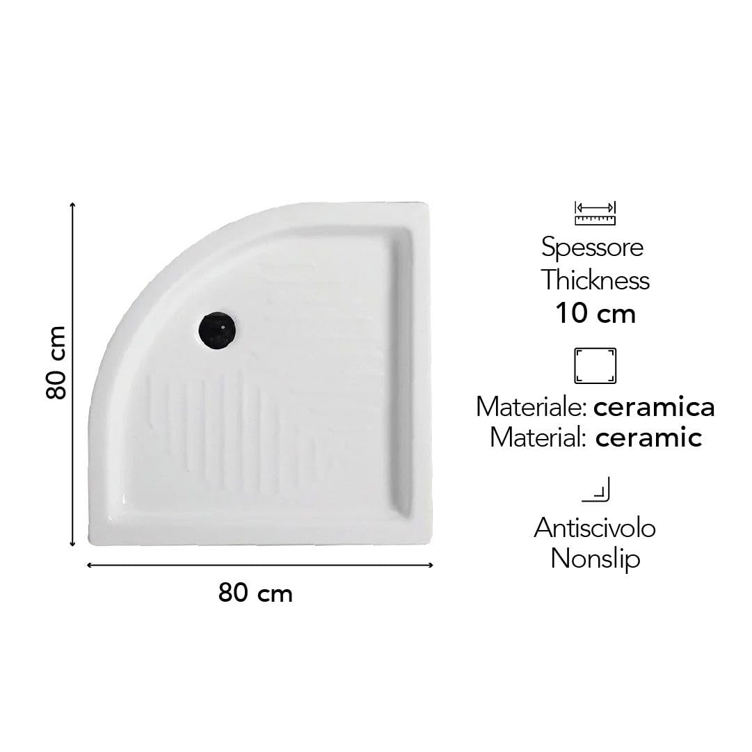 Kiamami Valentina - Piatto Doccia Semicircolare 80x80 cm Salvaspazio Antiscivolo in Ceramica Bianca Spessore 11 cm Angolare Raggio 550 mm Collezione Topazio