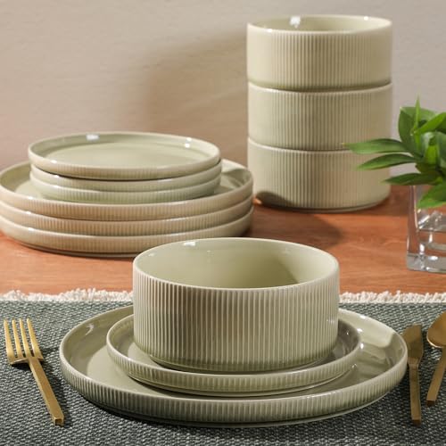 Image of Gibson Elite Solana Coast 12 Piece Stoneware Reactive Glaze (Service for 4) Ceramic Plates and Bowls Modern Shape Embossed Dinnerware Set - Green