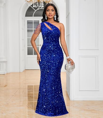 Image of Cololura Women Sequin Elegant Sexy One Shoulder Tassel Mermaid Bodycon Cocktail Evening Dress