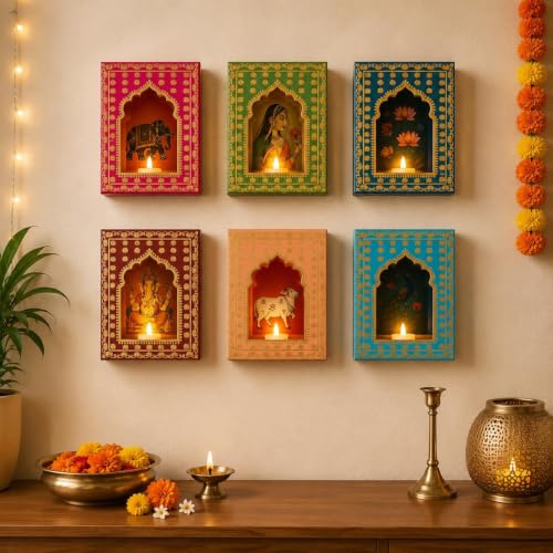 Image of JH Gallery Multicolour Paper Jharokha Diya Set with LED Candles, DIY Wall Decor for Diwali, Ganpati, Navratri, Pooja Room, Mandir & Festival Decoration (Pack of 6)