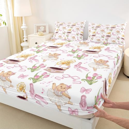 Pink Bowknot Princess Kids Fitted Sheet Queen Size,Ballet Shoes Bear Dancer Cartoon Bedding Set,Tulip Flower Music Note Record Girls Boys Room Decor,Bow Tie RomanticBed Sheet,2 Pillowcases(No Flat)