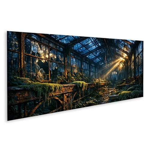 Tableau sur toile panorama serre délabrée étagères mousse