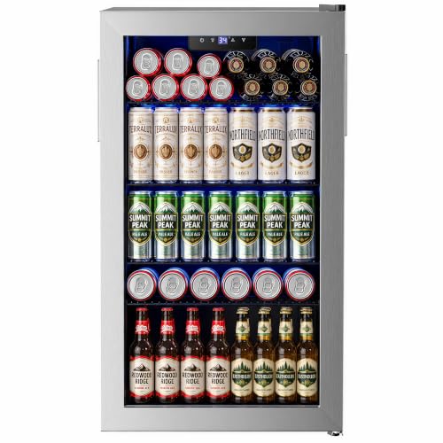 Feelfunn 126 Can Beverage Refrigerator, Glass Door Mini Fridge, 3.2 Cu.Ft