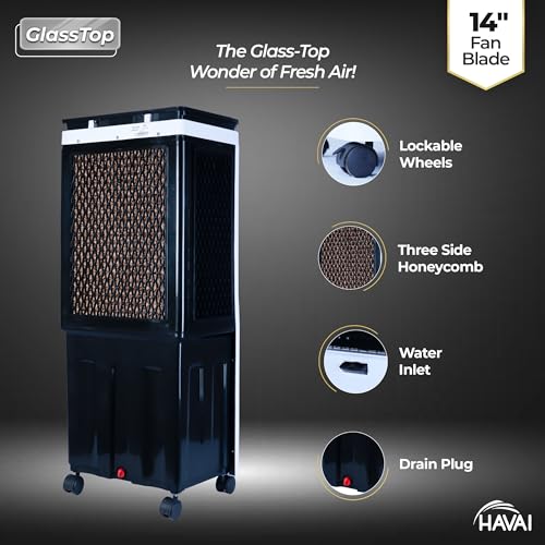 Image of Premium Glass Top GT 14 Air Cooler | 60L Tank Capacity | 14 inch Fan Blade | 170W Power | 20ft Air Throw | 3-Side Honeycomb Cooling | Sleek Glass Top Design | 4 Castor Wheels