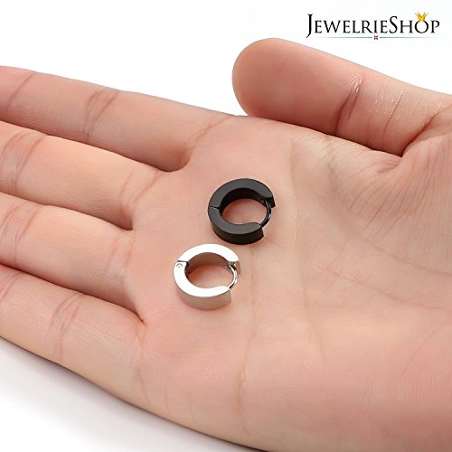 JEWELRIESHOP Men Jewelry Set Huggie Hinged Hoop Dangle Earrings, Stainless Steel, Hypoallergenic, Urban Hoop Earrings (#M02. 2 Pairs: Steel + Black)