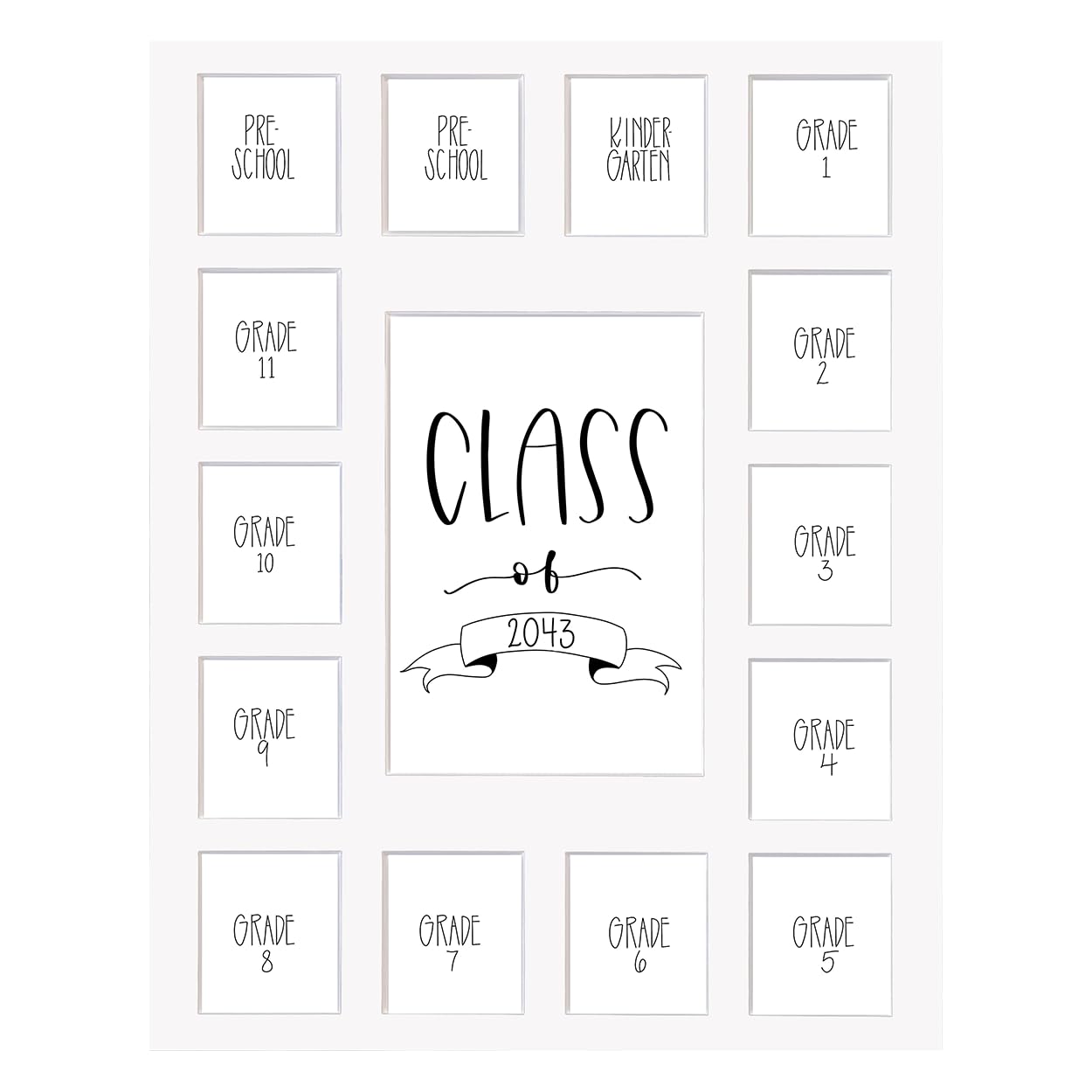 Rustic Red Door Co. RRD Class of 2043 Photo Collage Mat (11' x 14') - School Picture Frame for Pre-K to 12 - White Mat (15 Photos)
