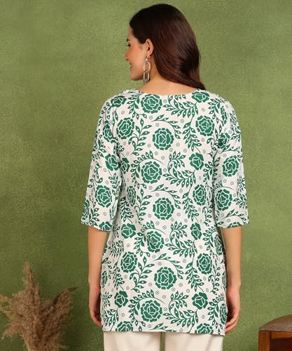 Image of DSK Studio Women's Cotton Short Kurti with Notch Neck Line 3 /4th Sleeves Floral Pattern Short Length and Regular Fit