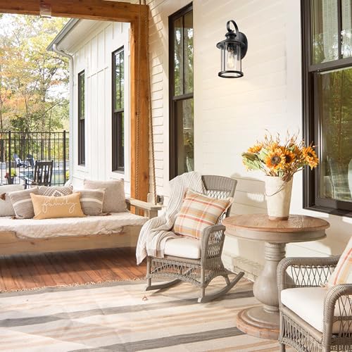 Image of MICSIU 13.75 inch Matte Black Farmhouse Outdoor Wall 1 Pack | Clear Seedy Glass, Anti-Rust, Outside Porch Light For House, Porch, Garage, Front Door