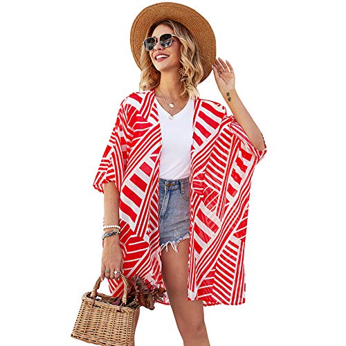 Imprimir Cardigan, Andoer Moda feminina verão listrado estampa cardigã manga curta fina casual boêmi