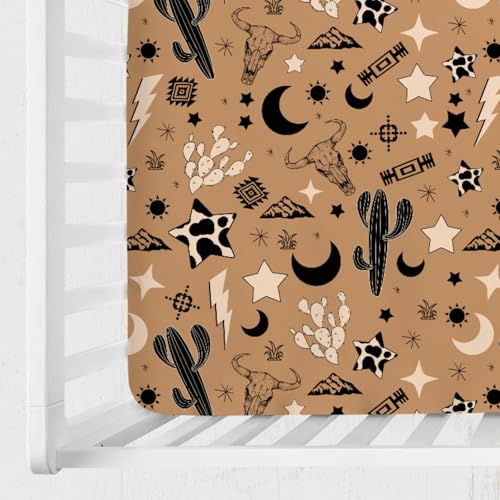 Image of Vintage Western Cowboy Baby Crib Sheet 52''x28'' Retro Cow Skull Cactus Sun Moon Stars Snug Fitted Crib Mattress Cover for Boy Girl Wild Plants Soft Baby Bed Sheet for Standard Crib Toddler Mattress