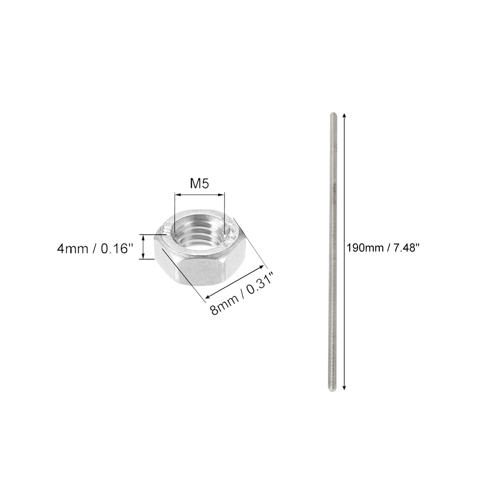 uxcell M5 x 190mm 304 Stainless Steel Fully Threaded Rod Fasteners 5pcs and M5 Hexagon Hex Nut 100pcs