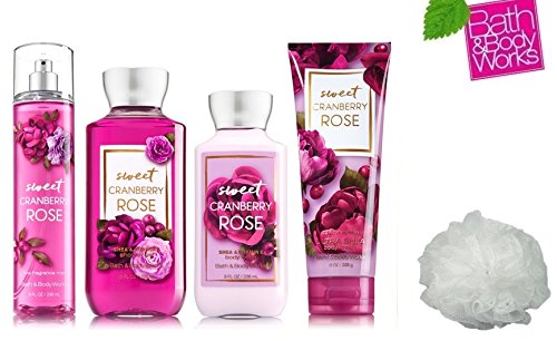 Bath & Body Works SWEET CRANBERRY ROSE Deluxe Gift Set Lotion ~ Cream ~ Fragrance Mist ~ Shower Gel + & FREE Shower Sponge Lot of 5