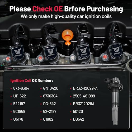 Image of BDFHYK Ignition Coil Pack UF622 Set of 8 Compatible with 2011-2016 F-150 2011-2015 Mustang 2.3L 2.7L 3.5L 3.7L 5.0L 5.2L 5.4L 5.8L 6.2L L4 V6 V8 Replacement for DG542 U5178