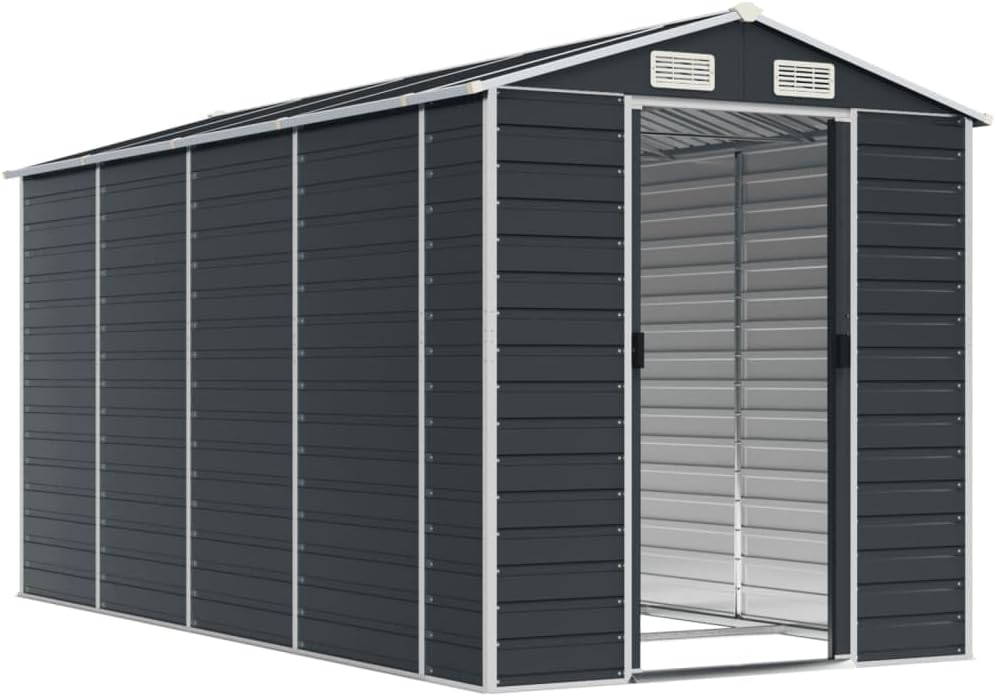 Angled view of the assembled shed with one door open