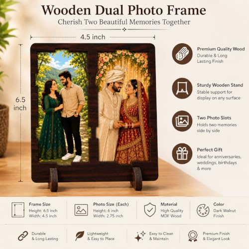 Image of Wooden Dual Photo Frame for Couple & Wedding Photos Personalized Tabletop MDF Picture Frame with Stand Anniversary, Wedding & Valentine Gift 6.5 x 4.5 Inch