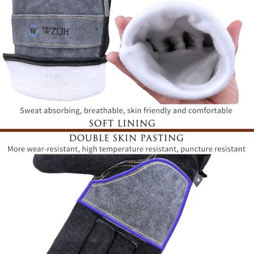 Image of WZQH Leather Work Gloves for Men or Women. XX-Large Glove for Gardening, Tig /Mig Welding, Construction, Chainsaw, Farm, Ranch etc. Cowhide, Soft Lining, Utility, Firm Grip, Durable. Grey-Black 2XL