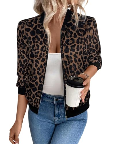 LEBOOBELL Damen Bomberjacke Kurze Blouson Jacke Mit Reißverschluss Langarm Leopardenmuster Coat Leichte Sweatjacke Schwarzer M