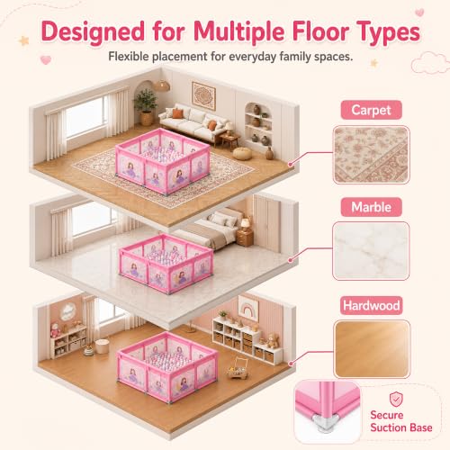 Image of Dawnwake Large Playpen 150 x 180 cm for Toddlers & Kids up to 5 Years with Pit Balls and Anti-Fall Grasp Rings, Playard with Safety Lock & Suction Cup (No Mat, Non-Foldable) (150x180cm Pink)