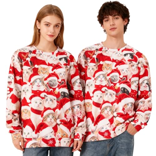 HarnyLoom Camisola Natal Mulher Homem Gato Natal Camisola Divertida Manga Sweatshirt Longa Camisola Natal Homens Inverno Top Ugly Christmas Sweate, vermelha, L