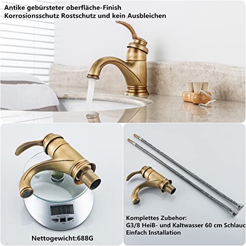 BOAOTX Wasserhahn Bad Antik, Waschtischarmatur Retro, Mischbatterie Waschbecken Armatur, Badarmatur Messing Nostalgie Gebürsteter für Badezimmer