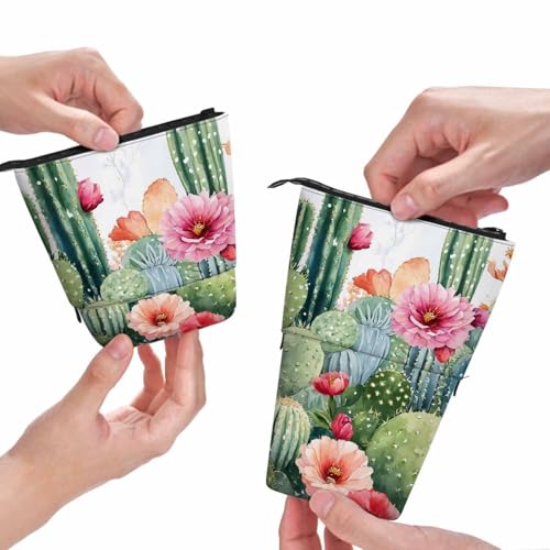 Image of Swono Cactus Floral Pencil Case Bright Tropical Flowers Roses Cacti Watercolor Standing Pencil Case Pencil Holder Pencil Pouch Cosmetics Pouch Makeup Office Bag Colorful