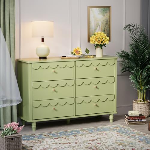 Image of Anbuy Nursery Chests and Dresser for Kids Bedroom Scalloped Wood 6 Drawer Dresser, Chests of Drawers with Metal Handles for Bedroom, Nursery, Hallway(Green)
