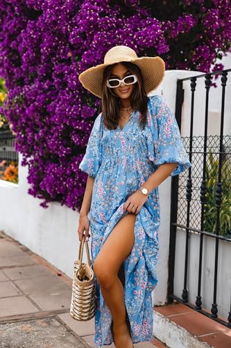 Image of miduo Womens Loose Fit Casual Summer V Neck Half Sleeve Bohemian Geometric Pattern Maxi Long Dresses