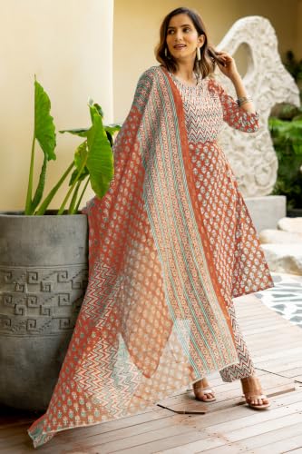 Image of MIRCHI FASHION Women's Straight Fit Pure Cotton Embellished Floral Printed Kurta Set with Dupatta and Trouser
